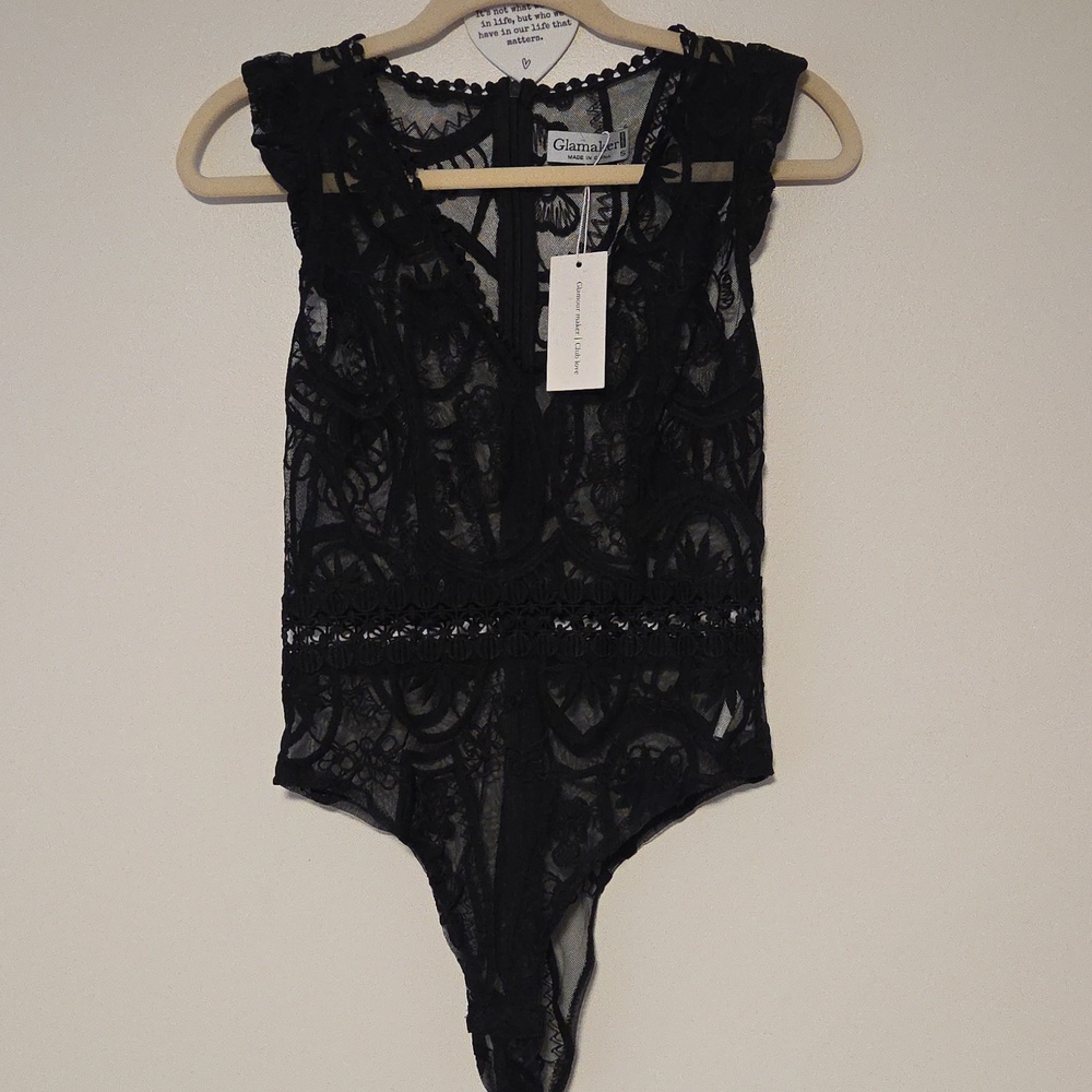 New Black Lace Sleeveless Bodysuit M
